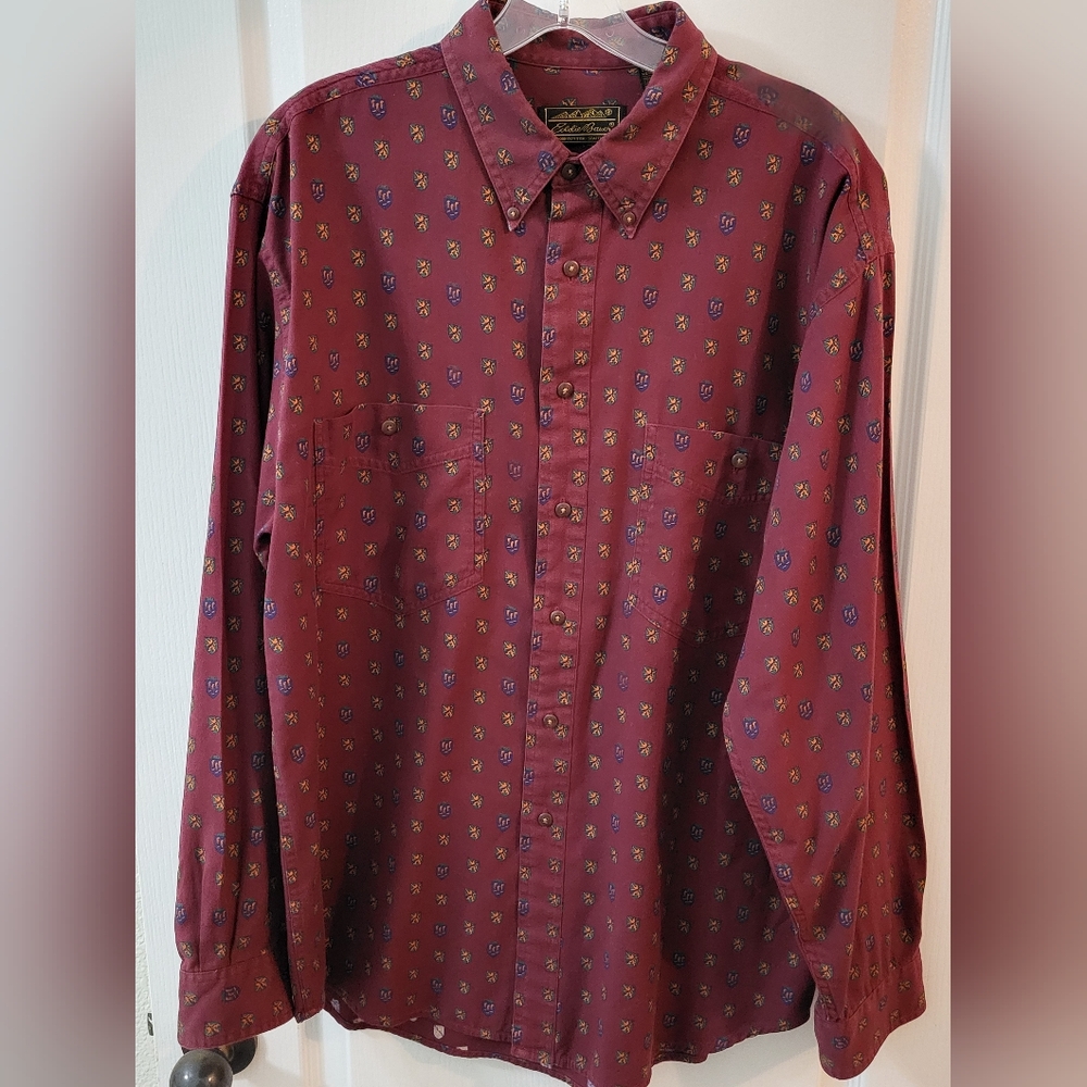 Vintage 90s Eddie Bauer Shirt Mens Large Maroon Button Down Long Sleeve Shields